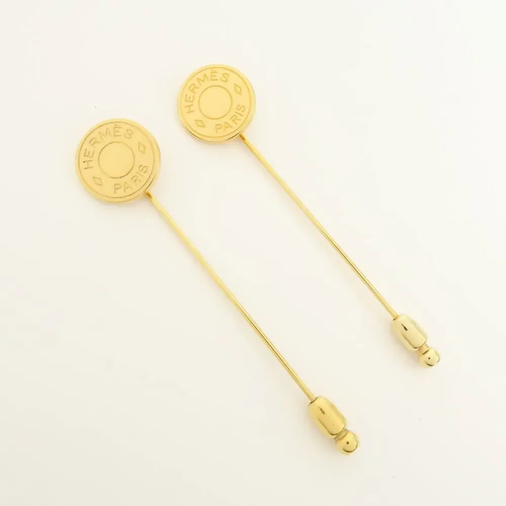 7072 - Hermes Set Of 2 Sellier Metal Pin Brooch Gold